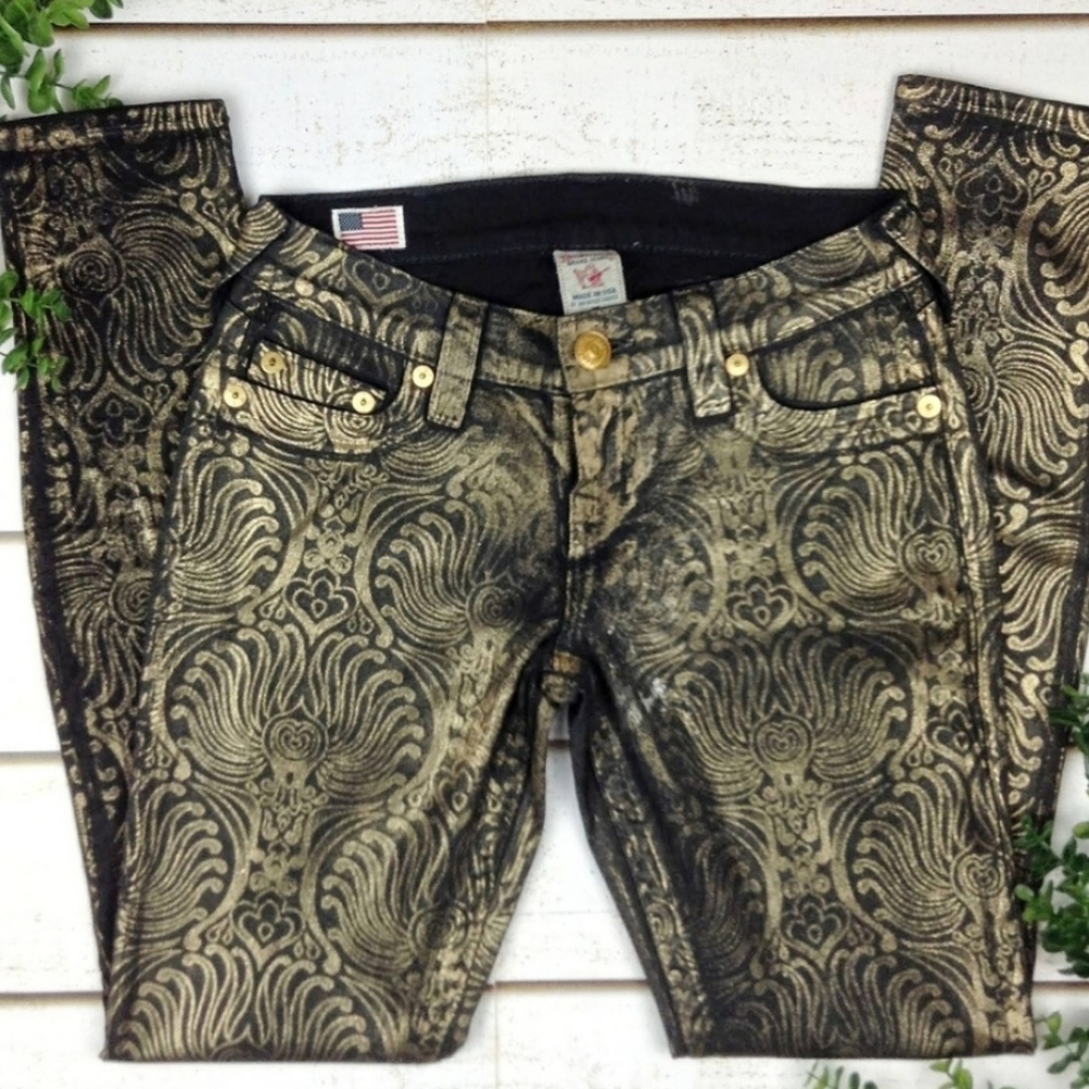 True Religion Metallic Gold Casey Skinny Jeans